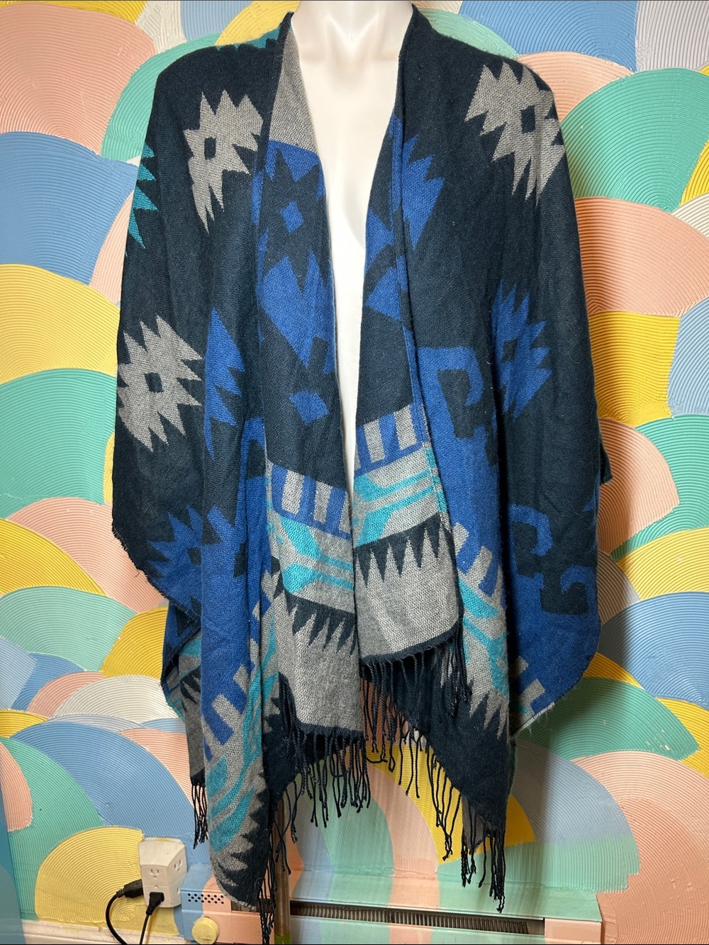 Accessory St Blue & Gray Aztec Fringe Wrap Shawl